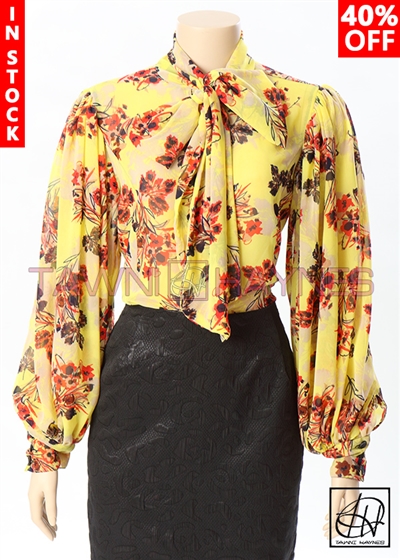 Tawni Haynes In-Stock Chiffon Long Exaggerated Puff Sleeve Floral Bow Blouse