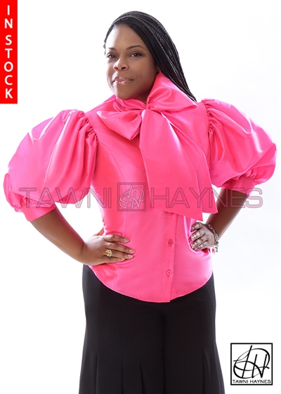 Tawni Haynes In-Stock Pink Neon Taffeta Bow Blouse