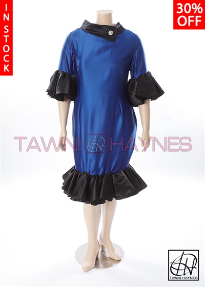 Poly Satin Blue & Black Ruffle Dress
