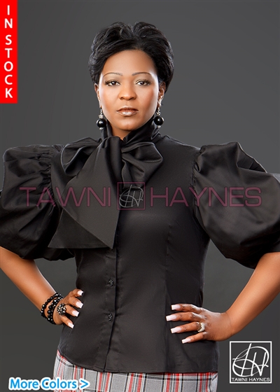 Tawni Haynes In-Stock Stretch Cotton Sateen Solid Bow Blouses