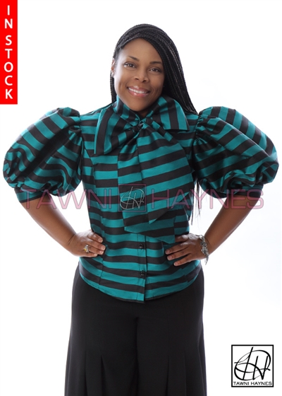 Tawni Haynes In-Stock Teal & Black Striped Poly Dupioni Bow Blouse