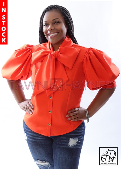 Tawni Haynes In-Stock Tangerine Stretch Cotton Solid Bow Blouse