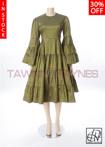 Olive Stretch Taffeta Bell Swing Dress