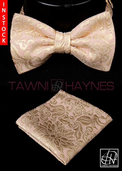 Tawni Haynes Blush Gold Floral Brocade Bow Tie & Pocket Square