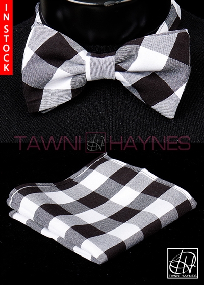 Tawni Haynes Black White Checkered Poly Poplin Bow Tie & Pocket Square