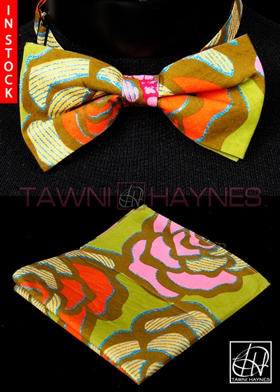 Tawni Haynes Floral Motif Stretch Cotton Bow Tie & Pocket Square