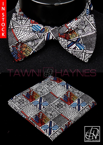 Tawni Haynes Geometric Motif Stretch Cotton Bow Tie & Pocket Square