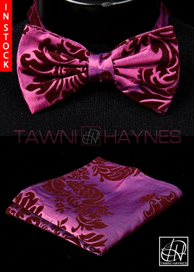 Tawni Haynes Magenta w/ Cranberry Damask Taffeta Bow Tie & Pocket Square