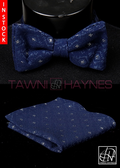 Tawni Haynes Navy Brocade Knit Bow Tie & Pocket Square