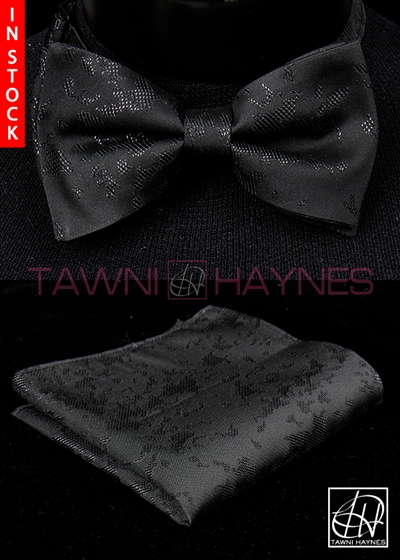 Tawni Haynes Black Shimmer Brocade Bow Tie & Pocket Square