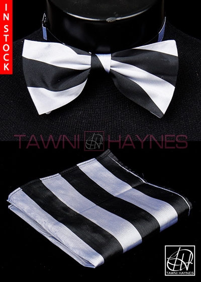 Tawni Haynes Silver Black Striped Poly Dupioni Bow Tie & Pocket Square