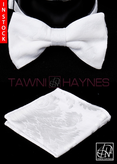 Tawni Haynes White Brocade Damask Bow Tie & Pocket Square