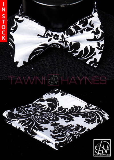 Tawni Haynes White w/ Black Damask Taffeta Bow Tie & Pocket Square