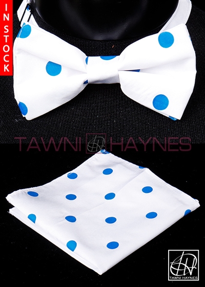 Tawni Haynes White Blue Polka Dot Poly Dupioni Bow Tie & Pocket Square