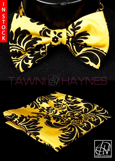 Tawni Haynes Yellow w/ Black Damask Taffeta Bow Tie & Pocket Square