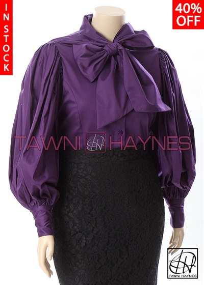 Tawni Haynes In-Stock Stretch Cotton Exaggerated Puff Sleeve Bow Blouse