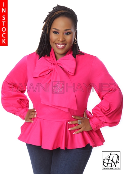 Tawni Haynes In Stock! Fuchsia Peplum Bow Blouse