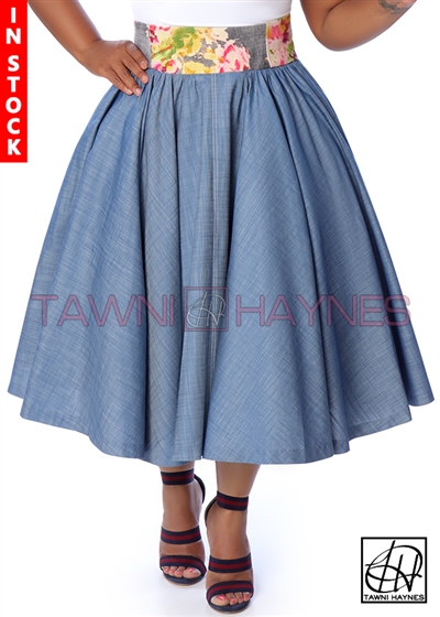 Tawni Haynes In-Stock Gathered High Waist Swing Skirt - Chambray Denim w/ Floral Denim Waist