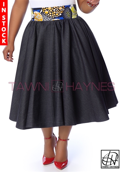 Tawni Haynes In-Stock Gathered High Waist Swing Skirt - Denim w/ Circular Motif Waist