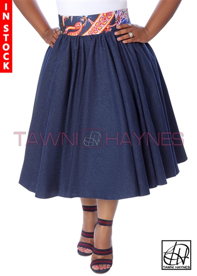 Tawni Haynes In-Stock Gathered High Waist Swing Skirt - Dark Denim w/ Navy Paisley Waist