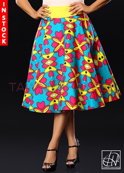 Tawni Haynes In-Stock Ankara African Print High Waist Swing Skirt - Turquoise, Yellow, & Red