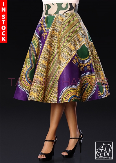 Tawni Haynes In-Stock High Waist Swing Skirt - Purple/Green/Yellow Ankira African Print w/ Camo Waistband