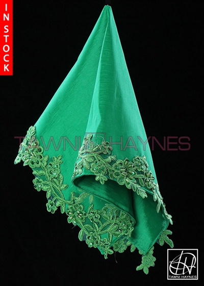 Tawni Haynes Lap Scarf - Kelly Green Stretch Taffeta With Beaded Lace