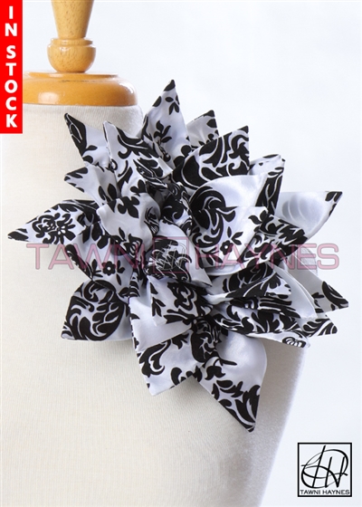 Tawni Haynes Petal Flower Pin (11 inch) - White & Black Damask Taffeta