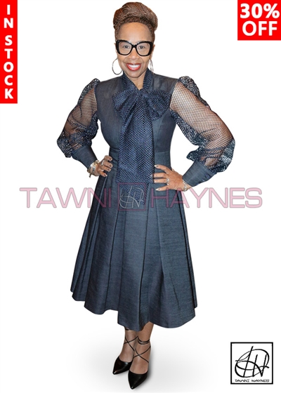 Tawni Haynes In-Stock Mesh Sleeve Pleated Bow Dress in Denim