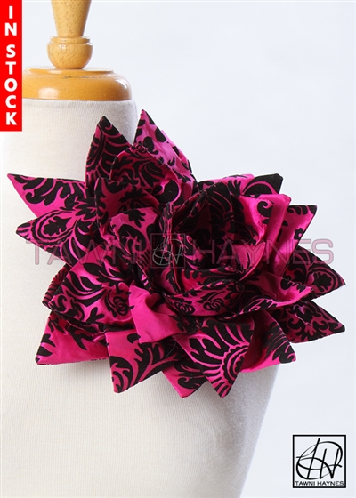 Tawni Haynes Petal Flower Pin 12in - Fuchsia Black Damask