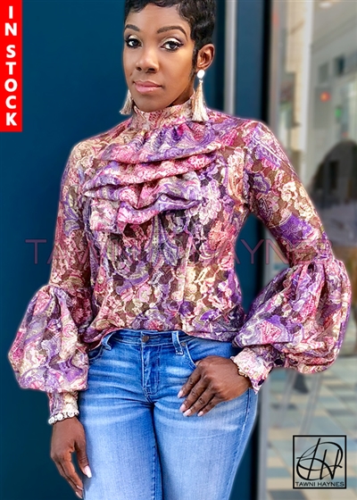 In-Stock! Paisley Lace Burnout Winding Ruffle Blouse