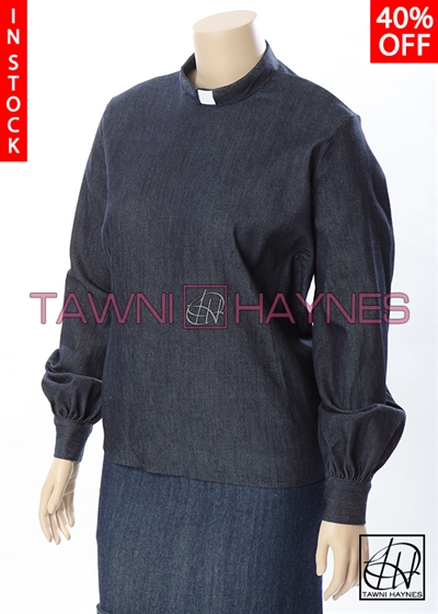 Tawni Haynes In-Stock Long Gradual Puff Sleeve Denim Clergy Blouse