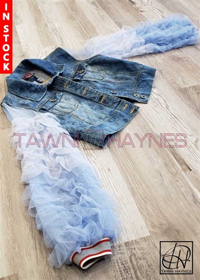 Tawni Haynes In-Stock Cropped Stonewash Denim Jacket with Tulle Layered Sleeves and Contrast Cuff