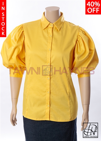 In-Stock! Yellow Stretch Cotton Standard Collar Blouse