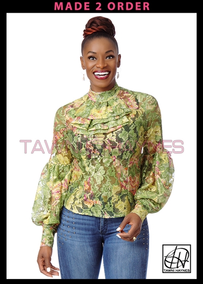 Tawni Haynes Paisley Lace Burnout Winding Ruffle Blouse