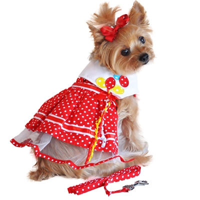 Red Polka Dot Balloon Harness Dress Dog Set