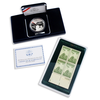 2005 Marine Corps Proof Commemorative Silver Dollar with Iwo Jima Stamp Plate Block