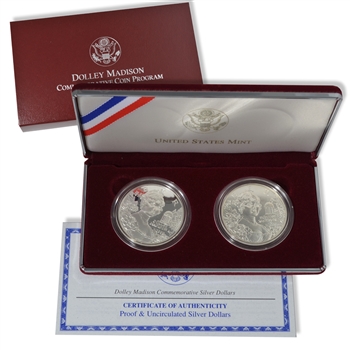 1999 Dolley Madison Silver Dollar 2pc Set - Uncirculated & Proof