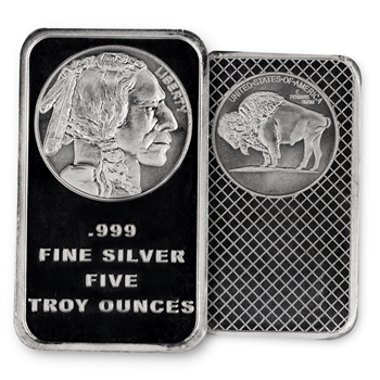 5oz Silver Bar - .999 Fine Silver - Buffalo Nickel Design