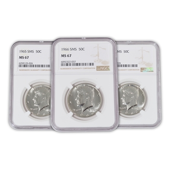 Kennedy Half Dollar SMS 3pc Set - 1965 to 1967 - NGC 67