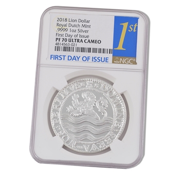 2018 Lion Dollar - 1 oz Silver Proof - Royal Dutch Mint - NGC 70
