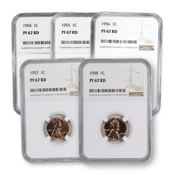 The Last 5 Wheat Cent Proofs-1954 to 1958-NGC 67