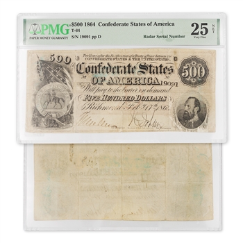 1864 $500 Confederate - PMG 25