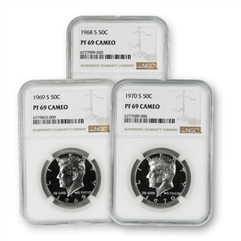 1968 to 1970 Silver Kennedy 3pc Set-Proof-NGC 69 Cameo