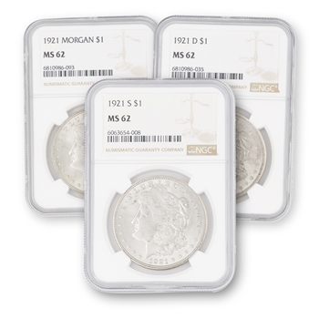 1921 Morgan Dollar-3-piece Set-Philadelphia, Denver, and San Francisco Mints-NGC 62
