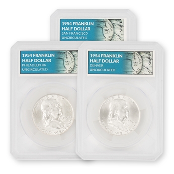 1954 Franklin Half Dollars-Philadelphia, Denver, San Francisco Mint Set-Uncirculated-Defender
