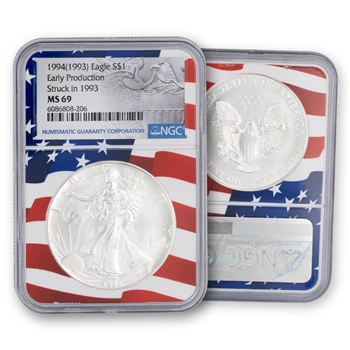 1994 Silver Eagle Struck in 1993 Early Prod NGC 69 Flag Core