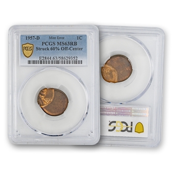 1957 Lincoln Cent - Denver - PCGS 63 - 60% Off Center