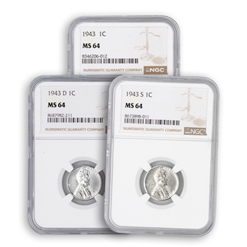 1943 Lincoln Steel Cent Set - PDS - NGC 64