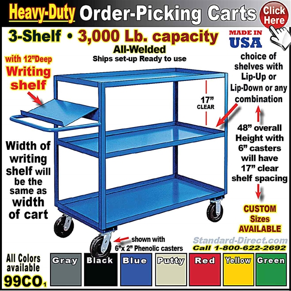 99CO * 3-Shelf Order Picking Cart w/Writing Shelf